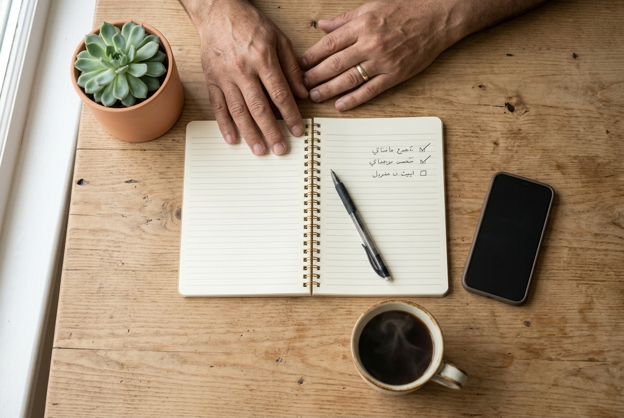 An open notebook with a short handwritten to-do list