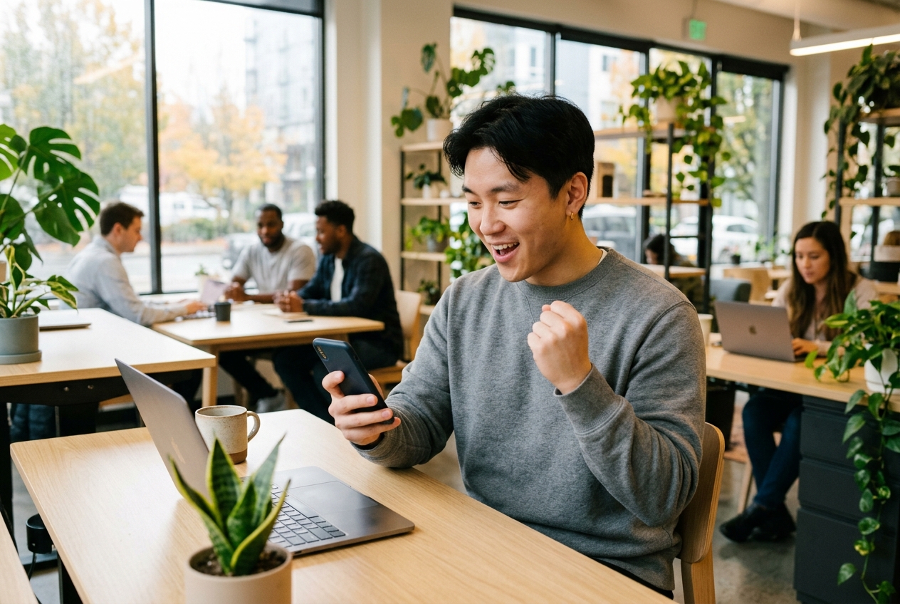 young East Asian man in his mid 20s with short black hair and a grey crewneck sweater